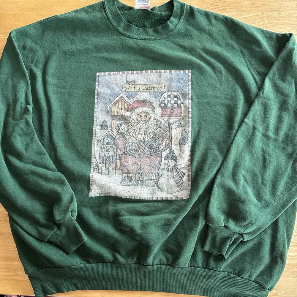 Vintage Christmas Stained Glass Scene‎ Green Crewneck Sweatshirt Size 3XL